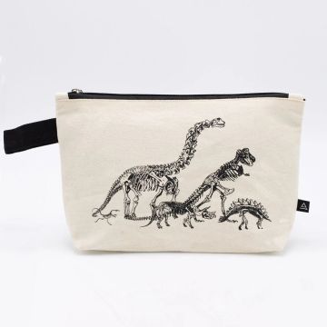 Age of Dinosaurs Canvas Pencil Case showing the dinosaur skeletons of Diplodocus, T. rex, Triceratops and Stegosaurus.