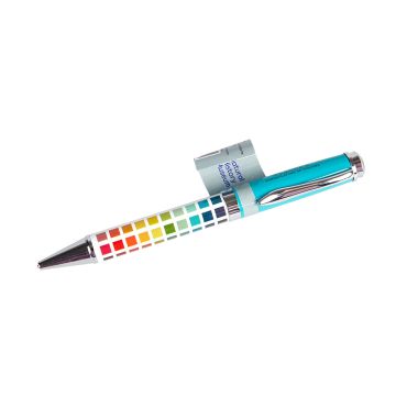 The bottom half of Werner’s Ballpoint Pen has different coloured squares on a white background. The top half is light blue with an aluminium clip.