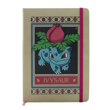 The front cover of the notebook features the Ivysaur graphic in the style of the Natural History Museum’s botanical ceiling panels. The elastic closure is pink.