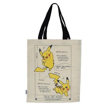 The light-beige tote bag has illustrations of Pikachu in the style of the Natural History Museum’s scientific drawings. The handles are black.