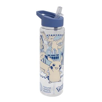 The transparent water bottle has the ‘Pikachu and friends at the Natural History Museum’ graphic in cream and dark blue on the side. The lid is navy blue.