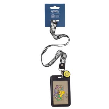 The front of the Pokémon Pikachu and Friends Lanyard with its packaging. The black case has a graphic of eight Pokémon in the Natural History Museum.
