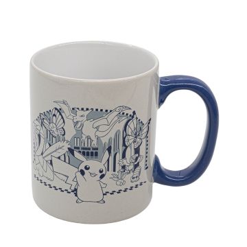 The cream mug has the ‘Pikachu and friends’ graphic in navy blue on the side. The handle is navy blue and the inside is white.