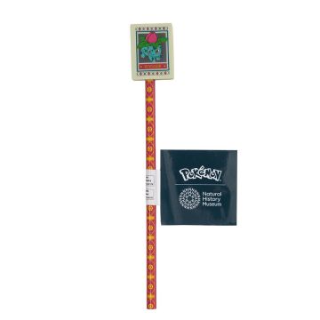 The front of the Pokémon Ivysaur Pencil. At the top of the red pencil is a picture of Ivysaur in the style of the Natural History Museum’s botanical ceiling panels.