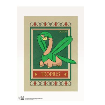 The colour print is of the Pokémon Tropius graphic, which is in the style of the Natural History Museum’s botanical ceiling tiles. The white border has the copyright in the corner.