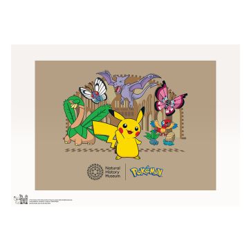 The colour print is of Pikachu surrounded by Tropius, Butterfree, Aerodactyl, Vivillon, Archen, Oddish and Omanyte in the Museum’s Hintze Hall. The white border has the copyright in the corner.