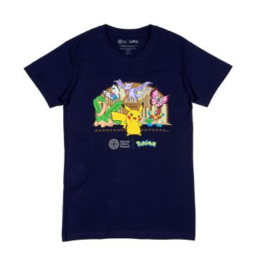 The dark-blue t-shirt has a colourful graphic on the chest. It’s of Pikachu surrounded by Tropius, Butterfree, Aerodactyl, Vivillon, Archen, Oddish and Omanyte in the Museum’s Hintze Hall.