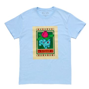 The light-blue t-shirt has the Pokémon Ivysaur graphic on the chest in the style of the Natural History Museum’s botanical ceiling tiles.