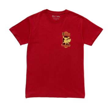 The front of the burgundy t-shirt has a small graphic of Eevee where a left chest pocket would be.