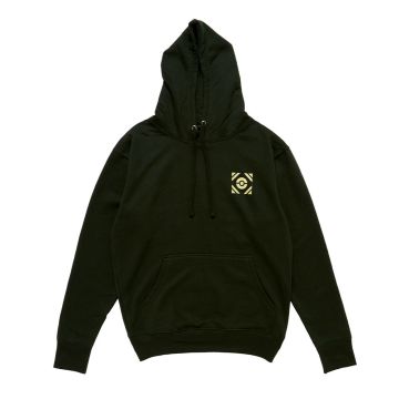 The front of the green hoodie has a small graphic of the Poké Ball where a left chest pocket would be.