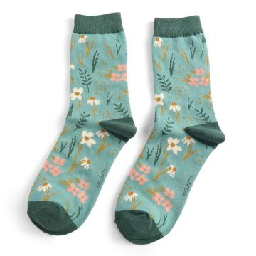 Both Teal Meadow Socks laid flat next to each other.