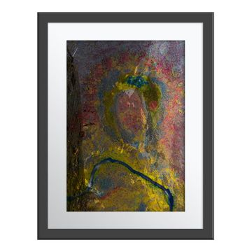 Autumn Icon Wall Print in a grey frame. An overhead shot of green grass, golden shrubs and crimson plants with a river-like waterway meandering through.