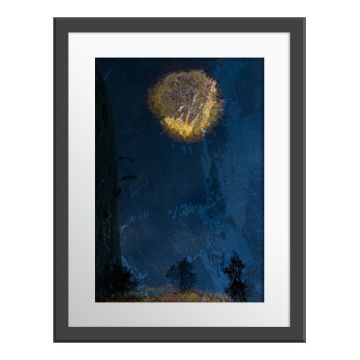 Taiga Moon Wall Print in a grey frame. The overhead shot of the grassy mound encircled by ice makes it look like a picture of the moon in the dark blue sky.