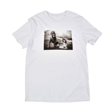 A white, short-sleeve t-shirt with the black and white photo of two lions roaring at each other, with stormy clouds overhead.