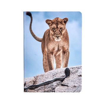 The front cover of the notepad is an image of a lion standing on top of a rock staring down at a cobra sliding up towards it. The lion’s tail curves up against the sky, mirrored by the body of the snake curving away on the rock.