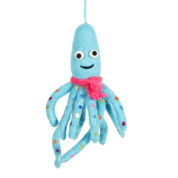 The light blue body of Archie is decorated in different coloured spots and wears a pink scarf.