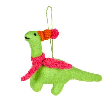 Green Diplodocus Christmas Tree Decoration showing its orange and red bobble hat and red scarf.
