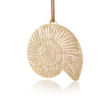 The gold spiral shell of the ammonite decoration has a gold ribbon for hanging.