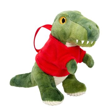 The decoration looks like a small T. rex soft toy, with a green body and white teeth, belly and feet. It wears a red jumper with a red ribbon on the back for hanging up.