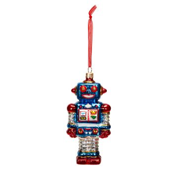 The robot decoration hangs on a red ribbon.