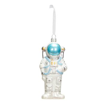 The astronaut decoration hangs on a white ribbon. Its suit is white and its visor is blue.