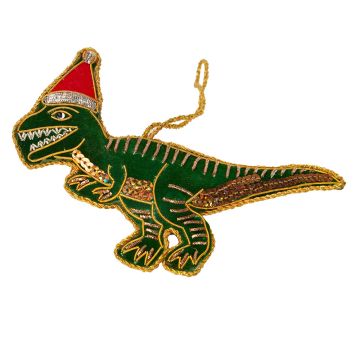 The dark green T. rex decoration wears a Santa hat. The body is edged in gold thread and its belly is covered in gold sequins.