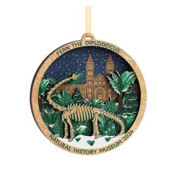 The flat, round, decoration hangs on gold ribbon. Around the edge are the words: Fern the Diplodocus, Natural History Museum 2024. It shows a wood-cut scene of the Diplodocus skeleton outside the Museum at night as it snows.