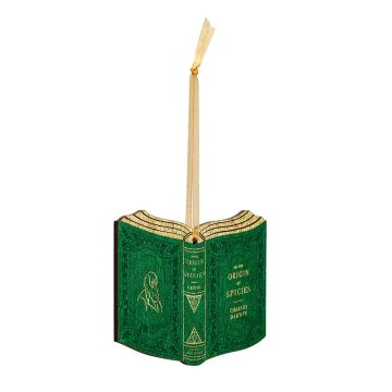 The green and gold On the Origin of Species wooden book decoration hangs on a gold ribbon.