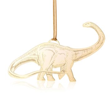 The neck of the gold Diplodocus curves inwards, as if the dinosaur is looking at the ribbon on its back. Its tail coils around its feet.