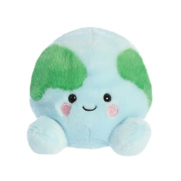 The Earth Soft Toy sits on its legs, facing the camera. The material is light blue with two green patches representing land. The smile, eyes and cheeks are embroidered on the middle.