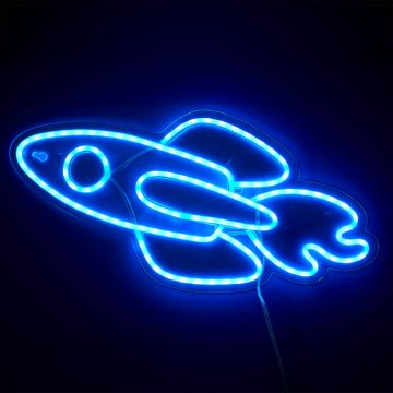 The rocket sign switched on in its blue mode, in a dark room. The shape of the rocket, thruster and round pilot window is all outlined in bright blue LEDs.