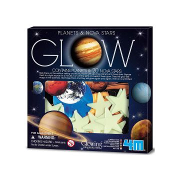The square packaging has a window showing the planets and star shapes. It is designed to look like space, with illustrations of Saturn, Earth and stars. The word ‘Glow’ is above the window, with Jupiter replacing the letter ‘o’.  