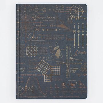 The dark blue front cover of the notebook is covered and overlaid with gold and bronze coloured illustrated diagrams and mathematical formulas.