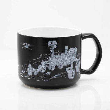 A side view of the dark blue mug with its handle on the right. An illustration of the Perseverance Rover and the mini-helicopter Ingenuity is shown. 