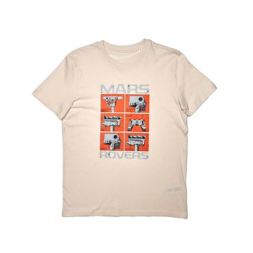 The front of the white t-shirt has the word ‘Mars’ at the top of a grid of six illustrations and the word ‘Rovers’ at the bottom. Each illustration is of a different type of rover, on an orange background.