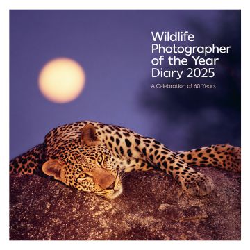 The diary's front cover image of a leopard lying on a rock at night, staring at the camera with the moon behind it was the 1999 winning image, taken by Jamie Thom.
