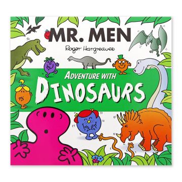 Mr. Men Adventure with Dinosaurs front cover with illustrations of dinosaurs and Mr. Men characters