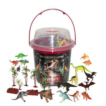 Dinosaur Figurine Playset Bucket with the models surrounding the red and black bucket