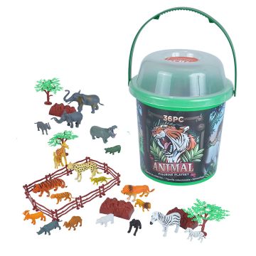 Animal Figurine Playset Bucket with the models surrounding the red and black bucket