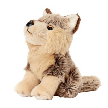 Side on view of the Grey Wolf Soft Toy in a seated position.