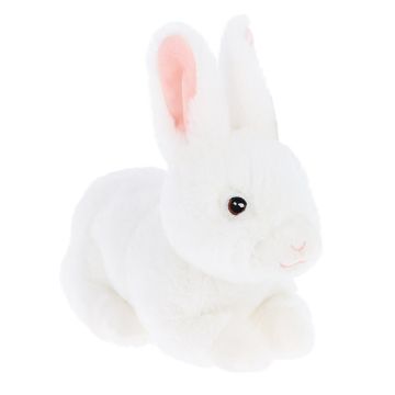 White Rabbit Soft Toy in a crouched position with upright long ears, embroidered brown eyes and embroidered pink nose and mouth.