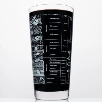 The Geological Time Beer Glass filled with dark liquid to show the eras, periods and years of time.