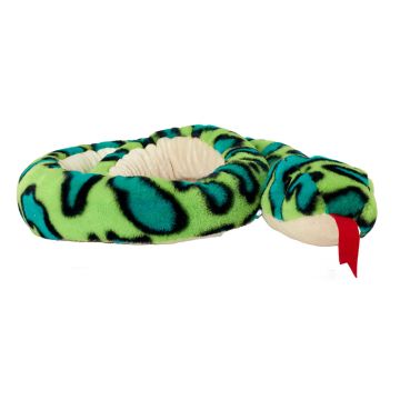 A front on view of the Green Anaconda Snake Soft Toy showing its red tongue.