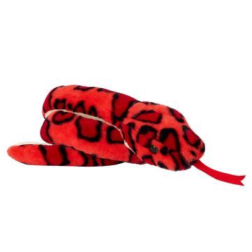 Front on view of the Rainbow Boa Snake Soft Toy showing its red body and tongue.
