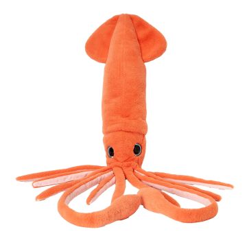 Front on view of the orange-coloured Giant Squid Soft Toy, positioned as if sitting on its tentacles and showing its big blue/black eyes.