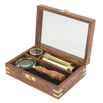 Charles Darwin Explorer Set with all items displayed in the wooden case, which has the lid open.