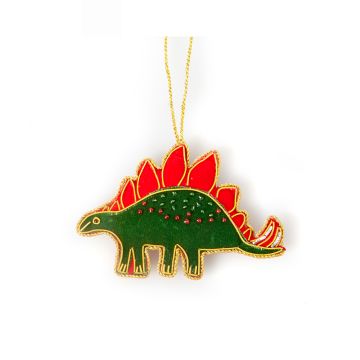 Stegosaurus Embroidered Decoration with a green, beaded body and orange spikes, outlined on gold cord.