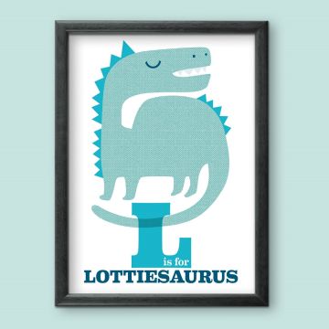 An example of the aqua/blue Alphabet Letter Custom Dinosaur Poster showing the words L for Lottiesaurus