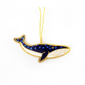 Blue Whale Embroidered Decoration showing the blue beads, white underbelly and gold piping.