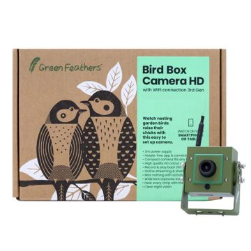 Bird Box Camera displayed alongside the box packaging it comes in from the makers, Green Feathers.